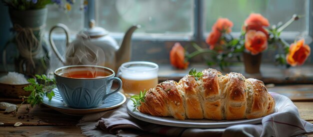 Świeży croissant z herbatą