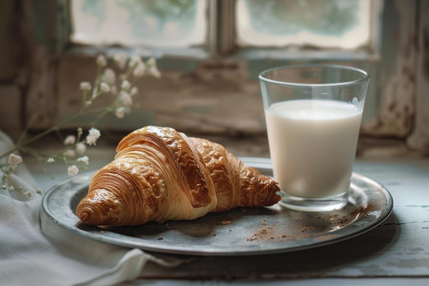 Świeży croissant z mlekiem w świetle okna