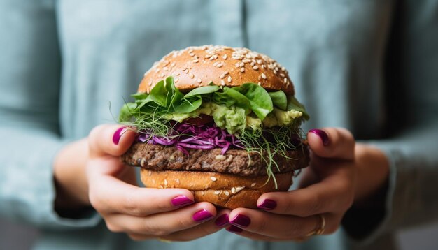 Zdjęcie Świeży domowy hamburger, zdrowy posiłek dla jednej osoby wygenerowany przez sztuczną inteligencję.