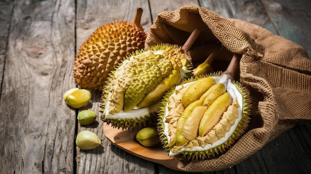 Zdjęcie Świeży durian lub durio zibthinus murray na worku i starym drewnianym tle król owoców z tajlandii