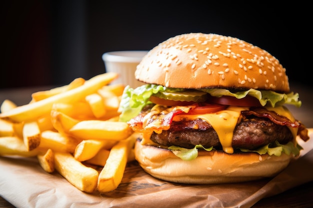 Świeży hamburger i frytki zrobione z wysokiej jakości składników to pyszna kombinacja dla