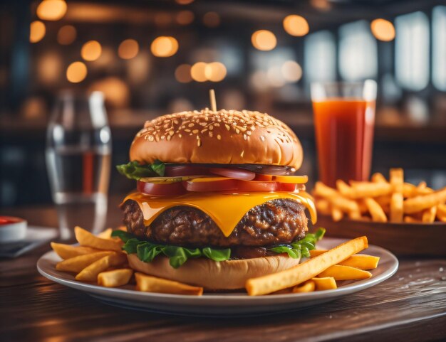 Świeży i pyszny hamburger serowy z frytkami na ciemnym czarnym tle