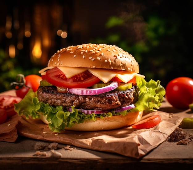 Świeży i pyszny hamburger ze smacznymi składnikami