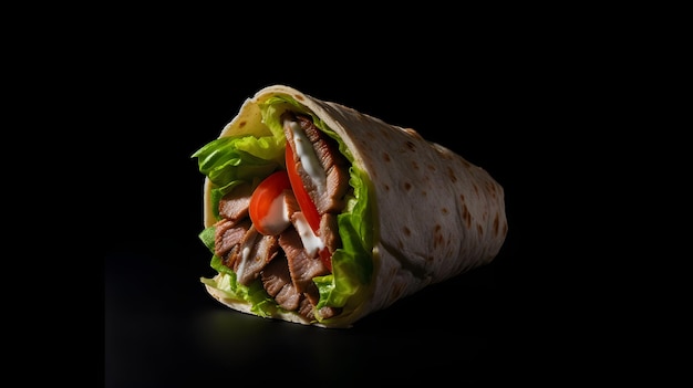 Świeży kebab doner w ciemnym tle generowany przez sztuczną inteligencję