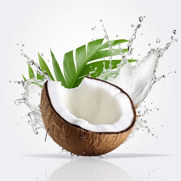 Świeży kokos z liśćmi i sokami. Izolowany tonal phalayeron na białym tle.