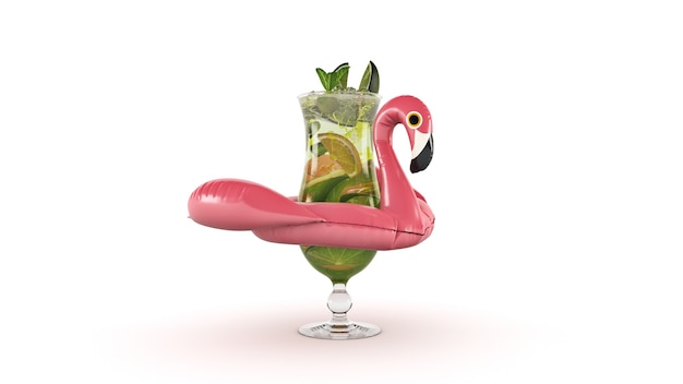 Świeży koktajl na nadmuchiwanej zabawce różowego flaminga Koncepcja wakacyjna renderowania 3d