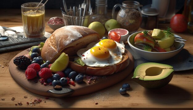 Zdjęcie Świeży kulinarny posiłek na wiejskim drewnianym stole z zdrowymi warzywami generowanymi przez sztuczną inteligencję
