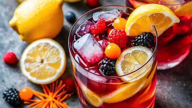 Świeży letni koktajl sangrii z cytryną i jagodami zimny napój z przyprawami pomarańczowymi i lodem