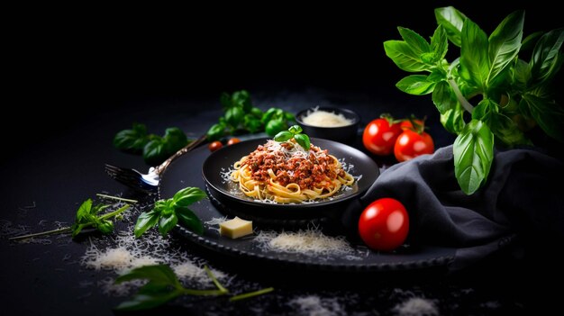 Świeży makaron z obfitym serem bolognese i parmezanem na drewnianym tle generowanym przez ai