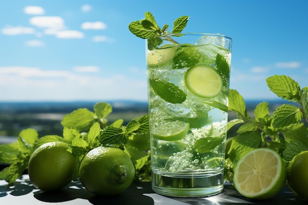 Świeży napój z zielonym Calamansi i miętą zimna letnia zieleń Calamansiade zdrowy mocktail Cienie słonecznego dnia na tle błękitnego nieba z miejsca na kopię Układ dla szerokiego banera słonecznego