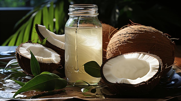 Świeży olej kokosowy wyciekający z połowicznego kokosa w butelce