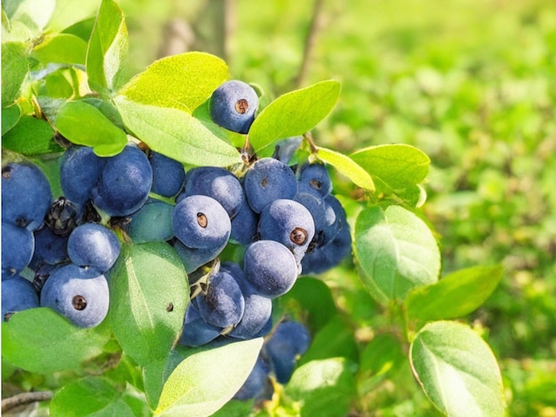 Świeży organiczny krzew borówek na tle wiejskiego ogrodu