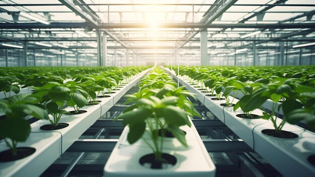 Świeży organiczny wzrost roślin w nowoczesnej technologii szklarniowej