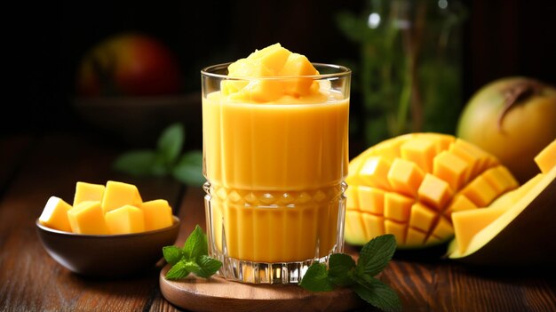 Świeży, piękny, pyszny koktajl z sokiem z mango w szklanej filiżance na drewnianym stole