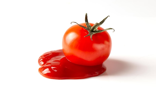 Świeży pomidor z zieloną gałązką leży na kałuży keczupu na białym tle