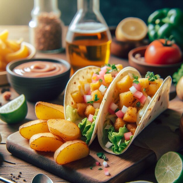 Świeży Posiłek Taco Salsa Jedzenie Tortilla Kolacja Pikantna Kuchnia Sos Warzywny Meksykański