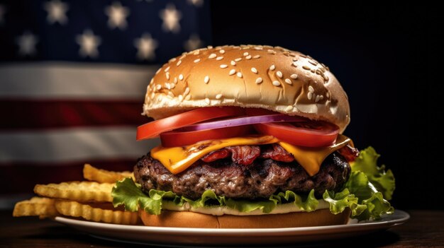 Świeży pyszny burger wołowy na ciemnym tle Stworzony przy użyciu technologii Generative AI