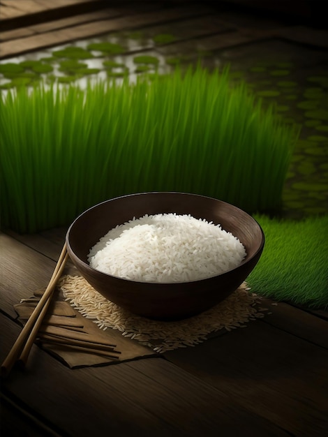 Świeży ryż w misce na drewnianej podłodze Generatywna ilustracja AI
