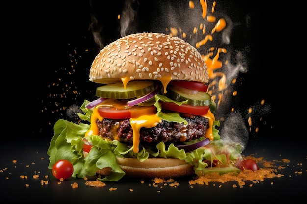 Świeży, smaczny burger na ciemnym tle