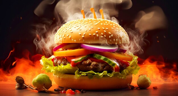 Świeży smaczny burger na płonącym ciemnym tle