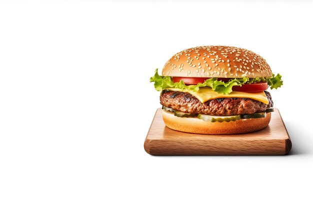 Świeży, smaczny cheeseburger na desce izolowanej na białym tle z miejsca na kopię
