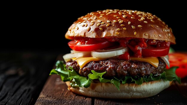 Świeży smaczny hamburger na ciemnym tle Selektywne skupienie Generatywna sztuczna inteligencja