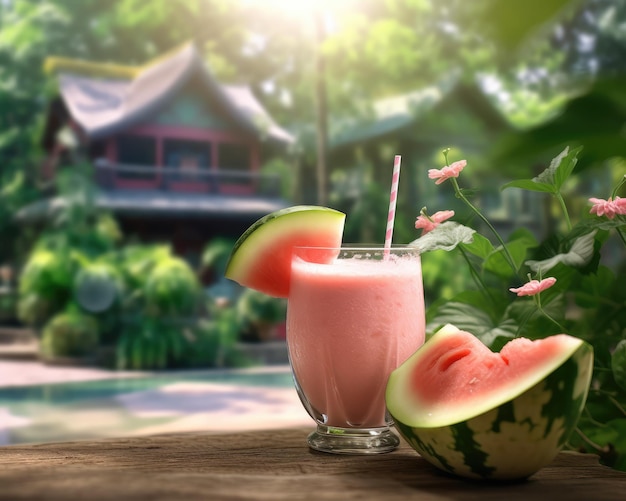 Świeży Smoothie Arbuz lassi z owocami arbuza w studio tła restauracji z ogrodem