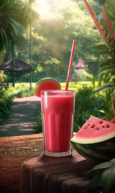 Świeży Smoothie Arbuz lassi z owocami arbuza w studio tła restauracji z ogrodem