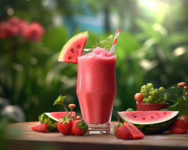 Świeży Smoothie Arbuz lassi z owocami arbuza w studio tła restauracji z ogrodem