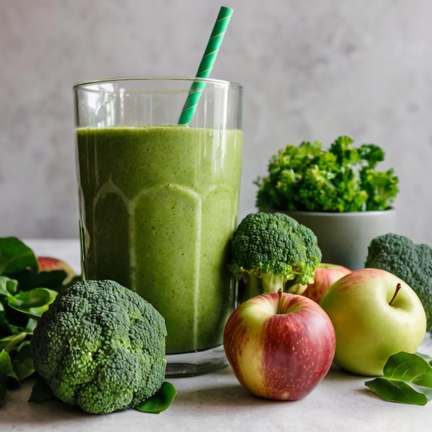 Świeży smoothie z szpinakiem jabłkowym na śniadanie w wysokim szklance na jasnym tle