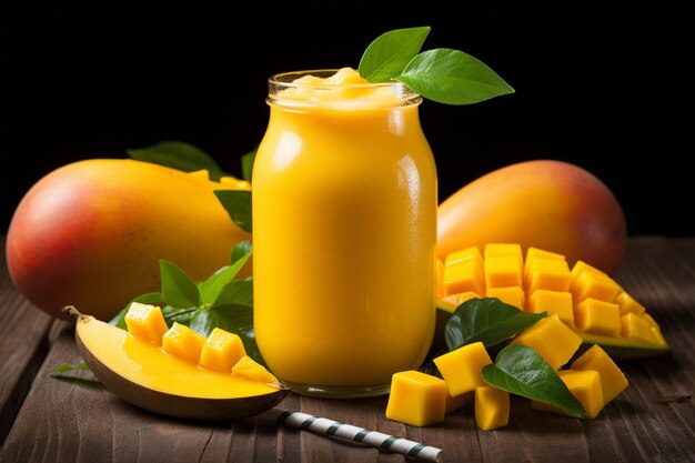 Zdjęcie Świeży smoothie z tropikalnych owoców, sok z mango i świeże mango, kopiowanie przestrzeni, widok z góry