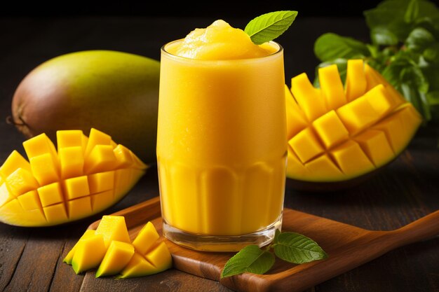 Świeży smoothie z tropikalnych owoców, sok z mango i świeże mango, kopiowanie przestrzeni, widok z góry