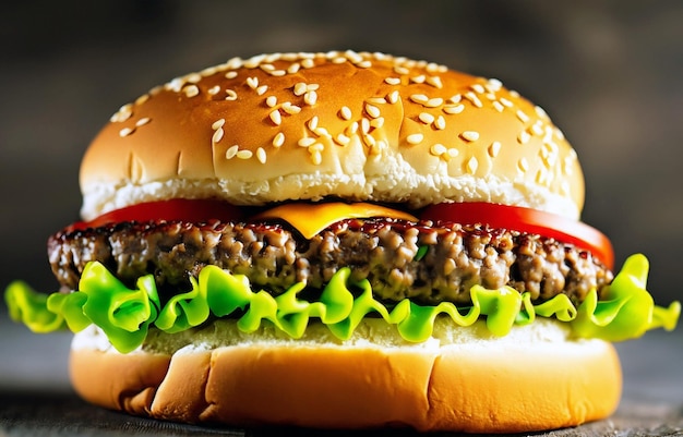 świeży soczysty burger na czarnym tle wykonany z generatywnego Ai