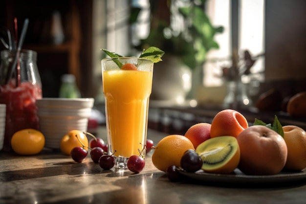 Świeży sok owocowy na niesamowitym jasnym tle Zdrowy napój Utworzono Generative Ai