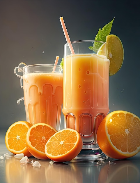 Świeży sok pomarańczowy w kieliszkach z kostkami lodu i świeżymi owocami na ciemnym tle