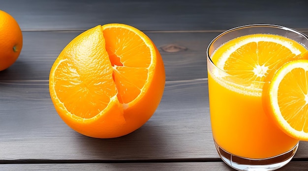 Świeży sok pomarańczowy w szklance na ciemnym drewnianym tle