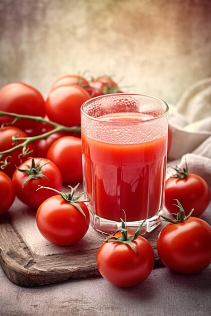 Świeży sok pomidorowy i świeże pomidory na tle rustykalnym
