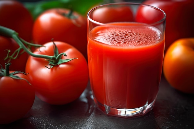 Świeży sok z czerwonych pomidorów w szklanym generatywnym ai