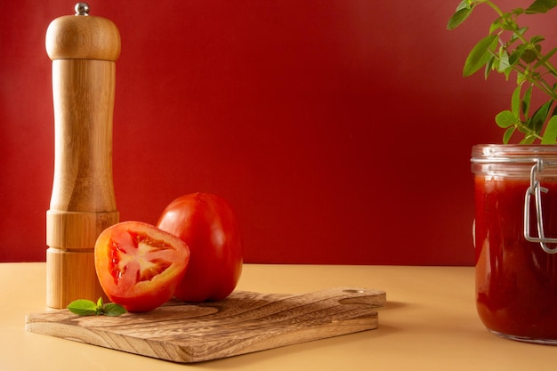 Świeży sos pomidorowy w szklanym słoju z liśćmi bazylii pokrojonymi pomidorami na czerwonym tle w widoku z przodu