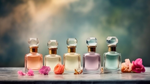 Świeży wiosenny romantyczny obraz stylowe przezroczyste szklane butelki perfum Stylowy baner parfumerie Generative AI