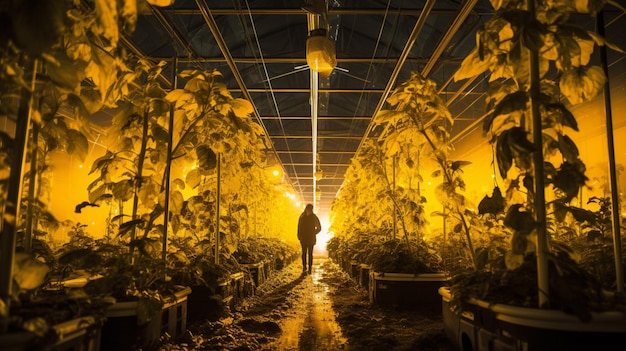 Zdjęcie Świeży wzrost organiczny w szklarni oświetlony na żółto