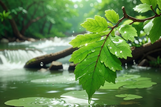 Świeży zielony liść na mokrej gałęzi orzeźwiającej wodzie