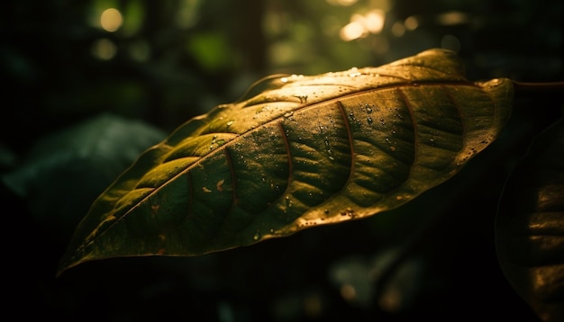Świeży zielony liść z odbiciem kropli rosy wygenerowanym przez sztuczną inteligencję