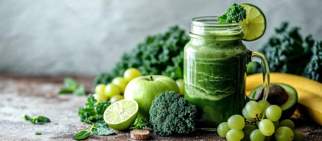 Świeży zielony smoothie w szklanym słoiku z owocami i warzywami