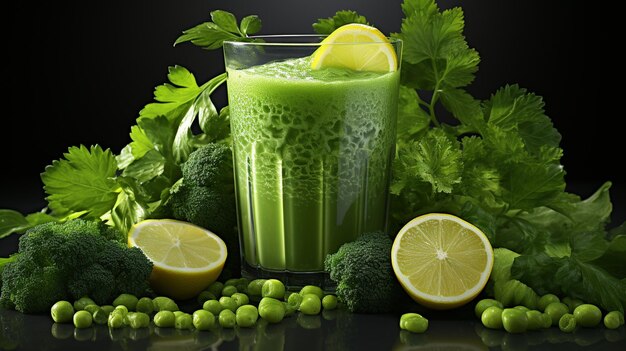 Świeży zielony sok i owoce na czarnym tleGenerative AI