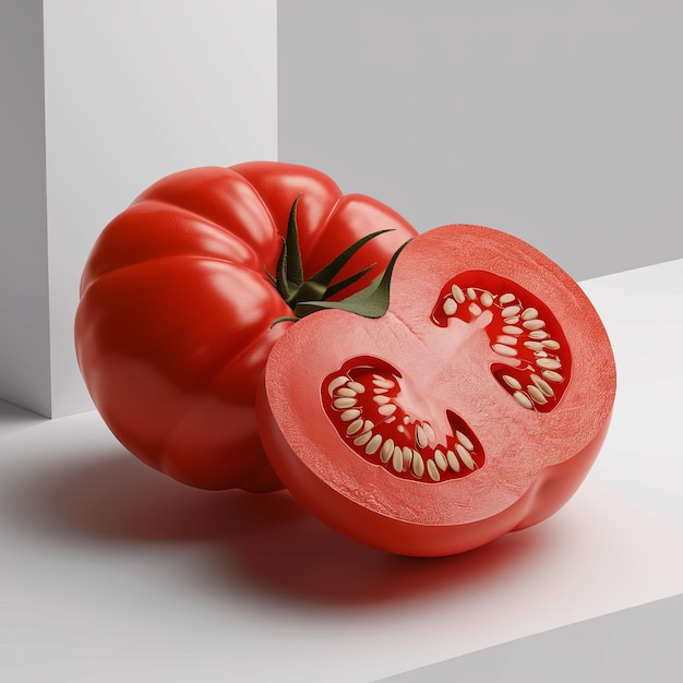 Świeży, żywy, czerwony pomidor, zarówno cały, jak i połowiczny, ujawniający soczyste wnętrze z nasionami, idealny do zdrowych kreacji kulinarnych.