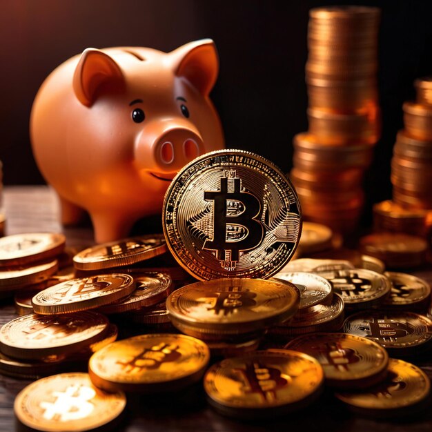 Świnia bank obok cyfrowej kryptowaluty bitcoin pokazującej oszczędności i bogactwo poprzez kryptowalutę