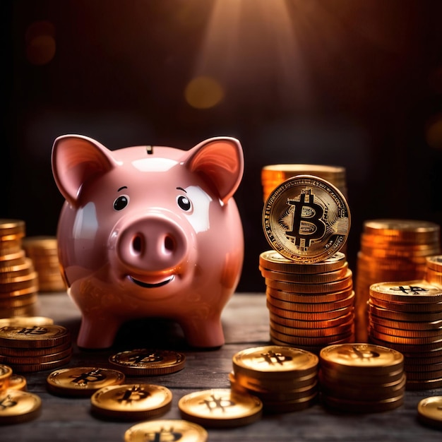 Świnia bank obok cyfrowej kryptowaluty bitcoin pokazującej oszczędności i bogactwo poprzez kryptowalutę