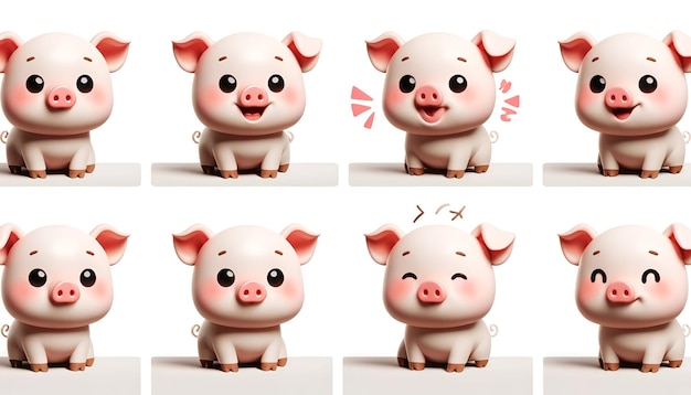 Zdjęcie Świnia ilustrowana w czterech sekcjach, z których każda przedstawia unikalny wyraz twarzy: szczęśliwy, ciekawy, zaskoczony.
