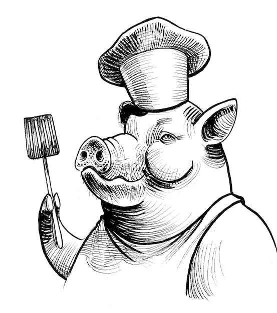 Świnia jako szef kuchni w kapeluszu Czarno-biały rysunek